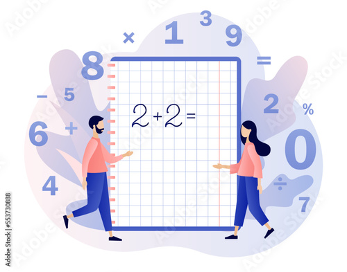 Mathematic class. Tiny people learning math. Arithmetic symbols in notebook. Education and knowledge concept. Modern flat cartoon style. Vector illustration on white background