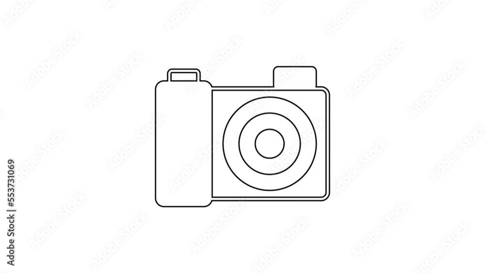 Black line Photo camera icon isolated on white background. Foto camera. Digital photography. 4K Video motion graphic animation Black line Photo camera icon isolated on white background. Foto camera. Digital photography. 4K Video motion graphic animation