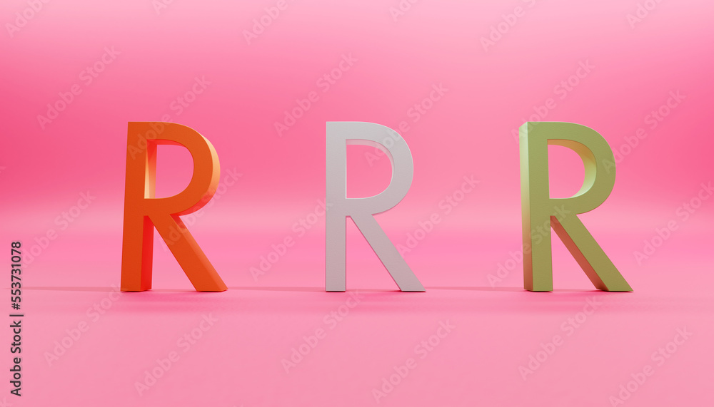 Pink studio background with three dimensional letter R in three colors. Pink studio background with three dimensional letter R in three colors.