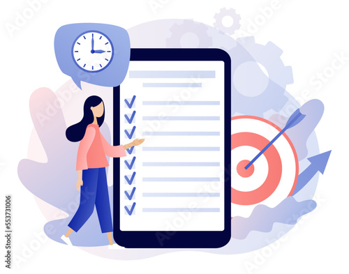 Productivity concept. Discipline, time management, employee performance and self-organization. Effective job planning in smatphone app. Modern flat cartoon style. Vector illustration
