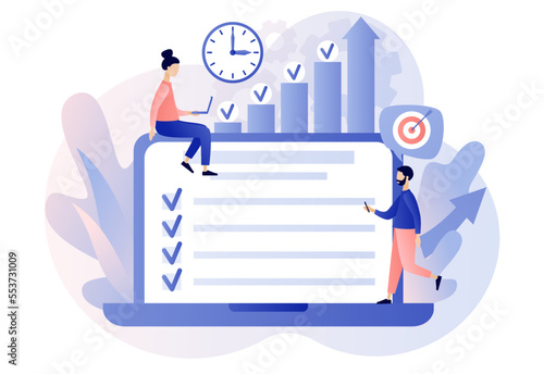 Productivity concept. Discipline, time management, employee performance and self-organization. Effective job planning online. Modern flat cartoon style. Vector illustration on white background
