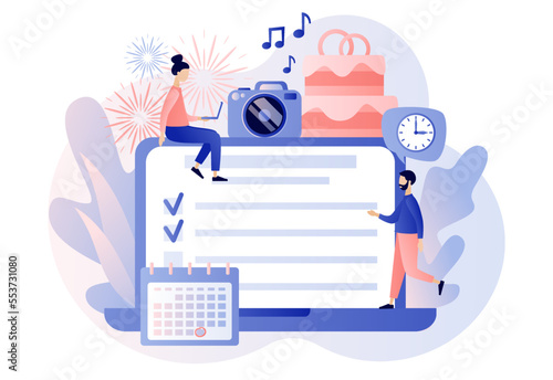 Event management. Wedding planner online. Manager planning event, conference or party. Professional organizer. Schedule. Modern flat cartoon style. Vector illustration on white background