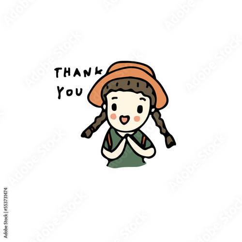 Cute girl with gesture of thank you hand concept, freehand drawn character illustration