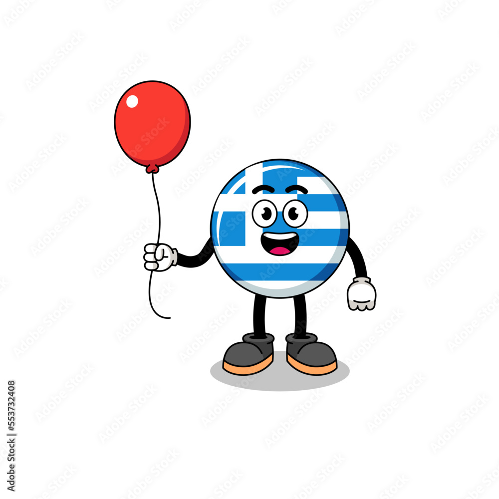 Cartoon of greece flag holding a balloon