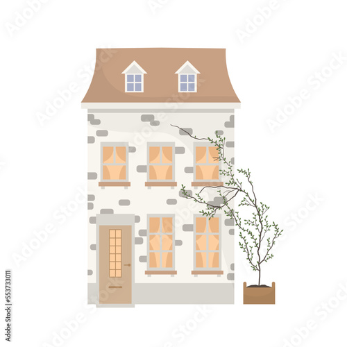 Flat vector illustration of old european house with brickwork and ivy tree. Exterior of a beige building on an isolated white background.