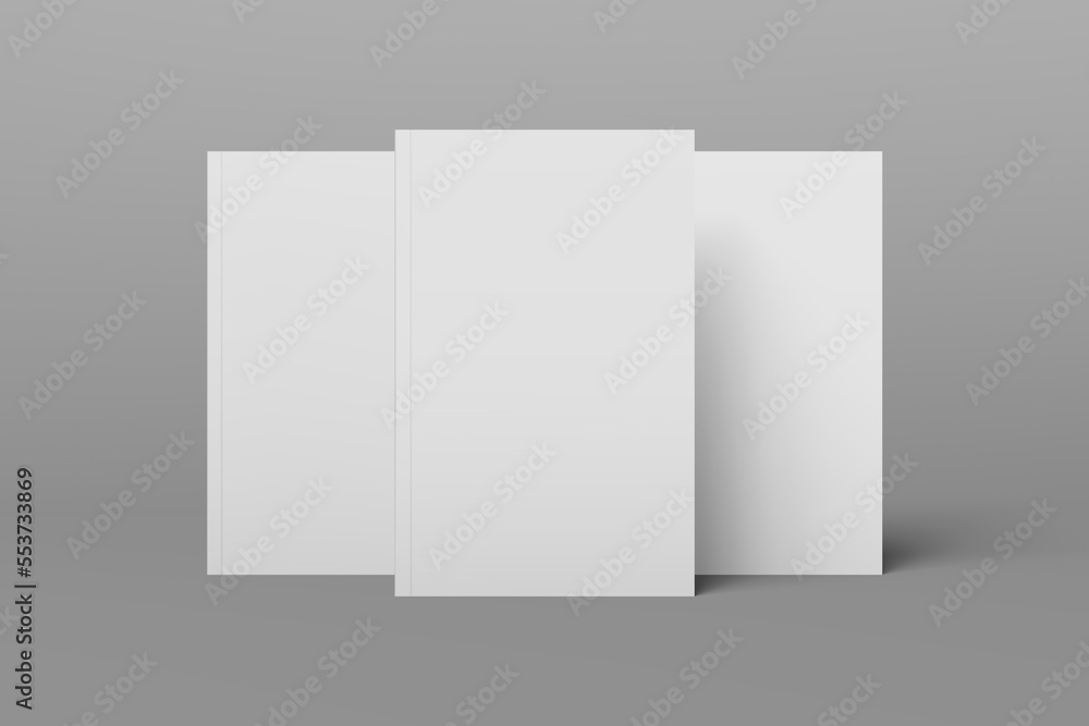 3 book models standing upright on a gray background. 3d realistic render soft cover book mockup. Mockup of book with white cover on isolated background. 3 book models standing upright on a gray background. 3d realistic render soft cover book mockup. Mockup of book with white cover on isolated background.