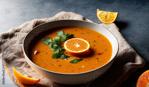 professional food photography close up of a a bowl of soup sitting on top of a wooden table - AI Generated