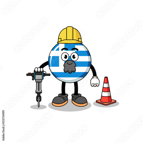 Character cartoon of greece flag working on road construction