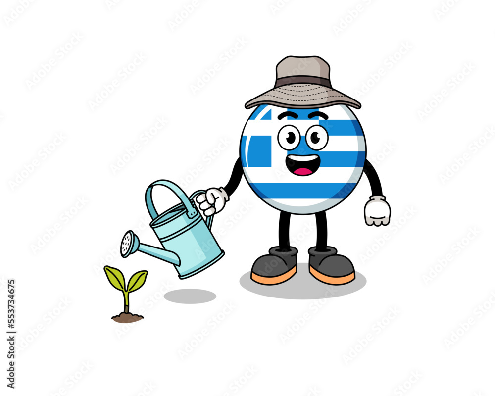 Illustration of greece flag cartoon watering the plant