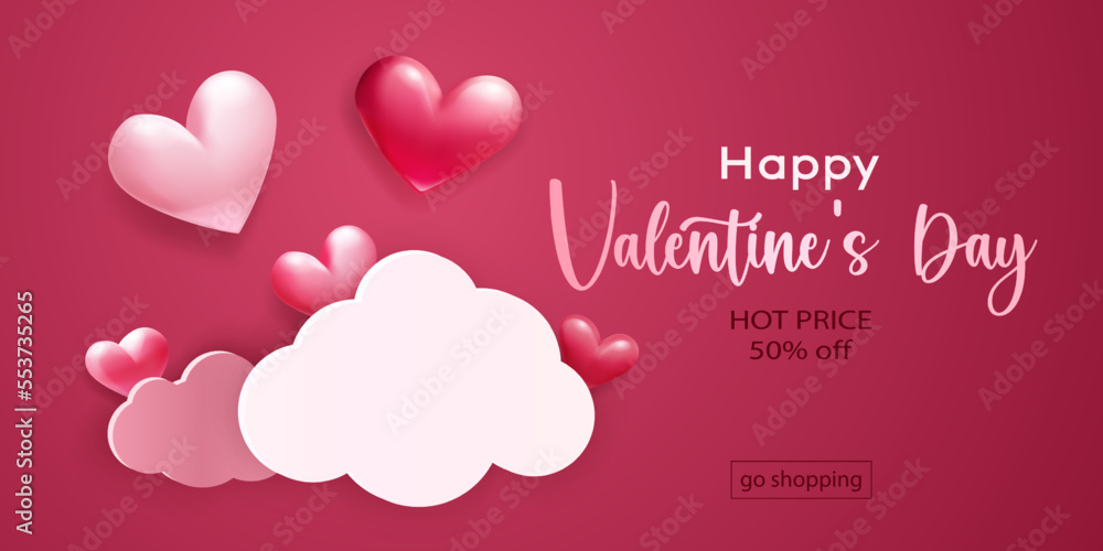 Valentine's Day illustration with voluminous hearts and paper clouds on red background