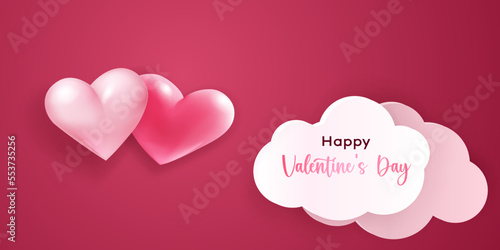 Valentine's Day illustration with voluminous hearts and paper clouds on red background