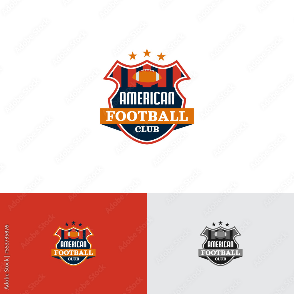 Obraz premium Logo Emblem American Football Striped Badge with Ball and Stars Blue Red Orange