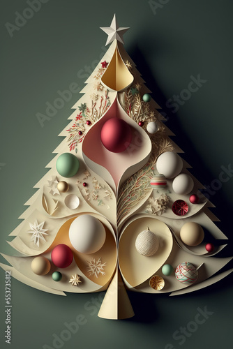 Greeting card of paper cut Christmas tree decorated with star at the top and colorful baubles