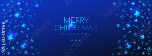 Merry Christmas and Happy New Year banner for Facebook cover template. Vector dark blue long greeting card with shining stars