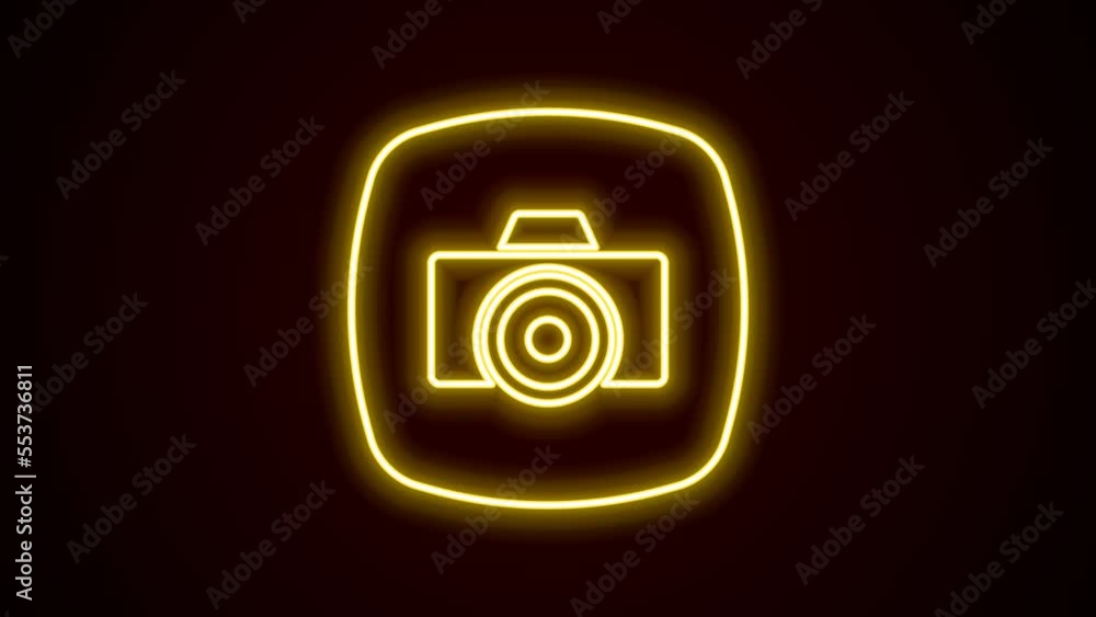 Glowing neon line Photo camera icon isolated on black background. Foto camera. Digital photography. 4K Video motion graphic animation Glowing neon line Photo camera icon isolated on black background. Foto camera. Digital photography. 4K Video motion graphic animation