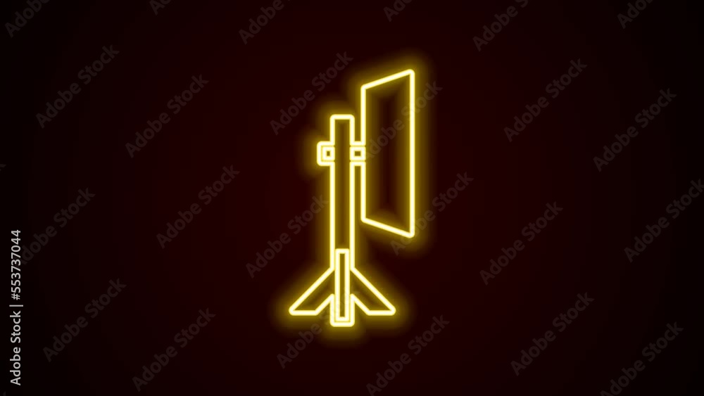 Glowing neon line Studio light bulb in softbox icon isolated on black background. Shadow reflection design. 4K Video motion graphic animation Glowing neon line Studio light bulb in softbox icon isolated on black background. Shadow reflection design. 4K Video motion graphic animation