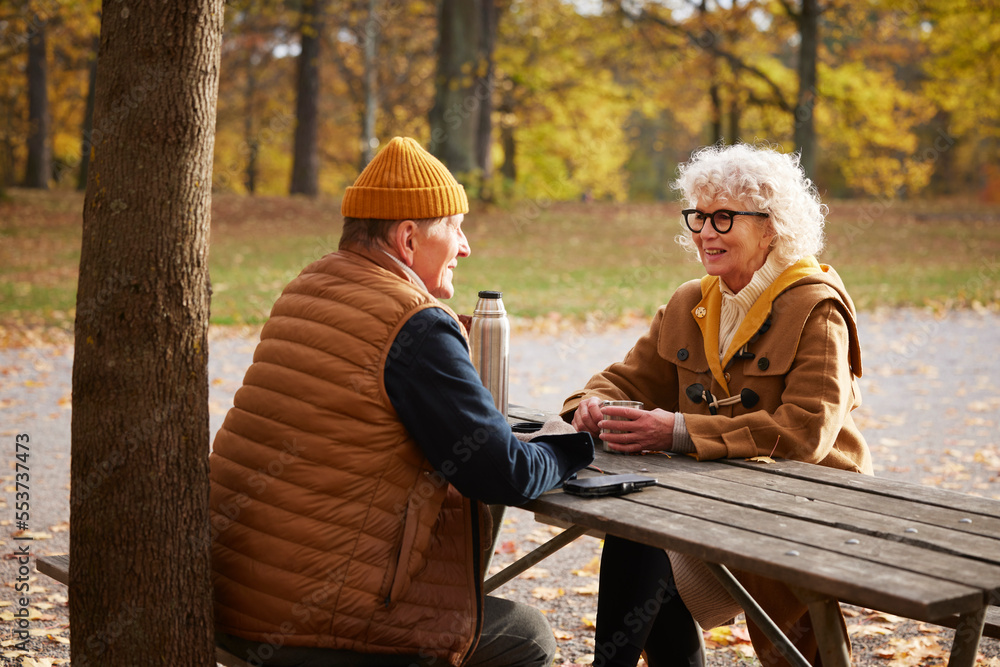 Senior couple at picnic table in park Senior couple at picnic table in park