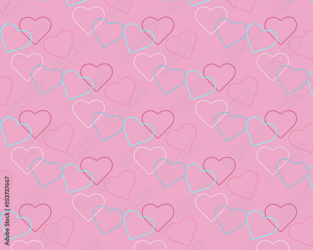 Outlines of colorful hearts on a pink background repeating pattern