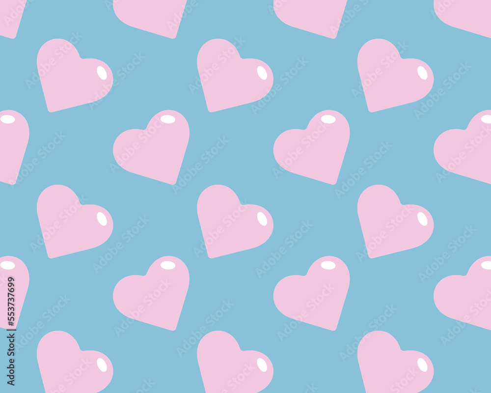 Pink hearts on a blue background repeating pattern
