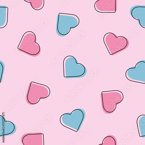 Pink and blue hearts with contours on a pink background seamless pattern
