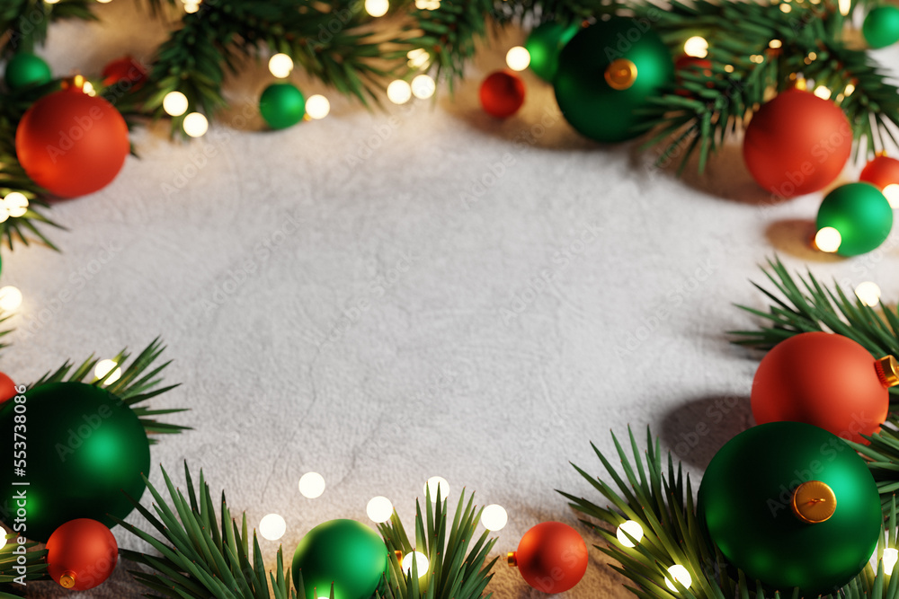 Christmas background with red and green decorations on concrete background. Top view. Copy space. Merry christmas and happy new year celebration concept. Mock-up. 3D render Christmas background with red and green decorations on concrete background. Top view. Copy space. Merry christmas and happy new year celebration concept. Mock-up. 3D render