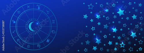 Astrology horoscope wheel background. Zodiac circle chart. Dark blue banner with stars for astrological forecast