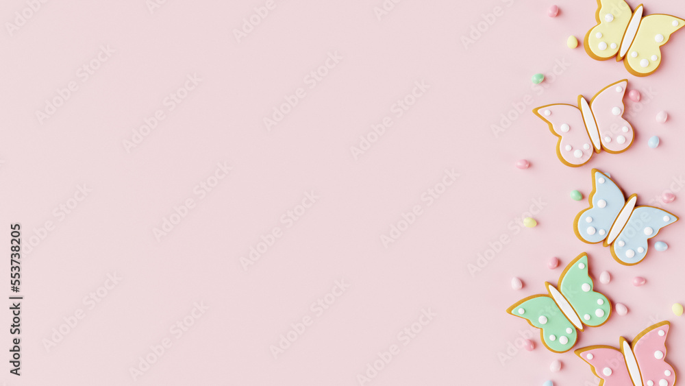 Easter butterfly gingerbread cookies with egg candies on pink background. 3D render