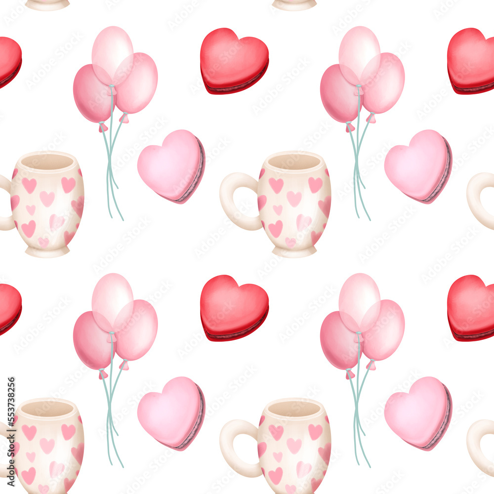 Seamless pattern with oink air balloons, mug and macaroons, illustration on white background, Valentine's Day print Seamless pattern with oink air balloons, mug and macaroons, illustration on white background, Valentine's Day print
