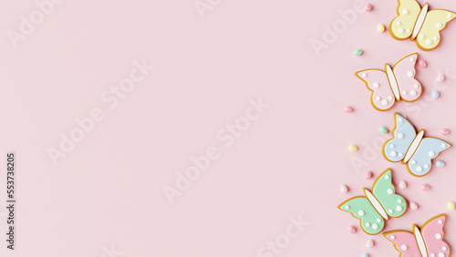 Easter butterfly gingerbread cookies with egg candies on pink background. 3D render © thayra83