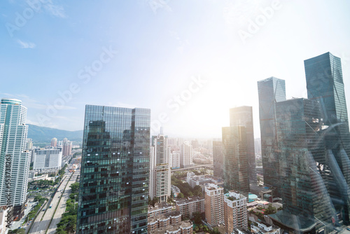 Office buildings in the city at sunrise