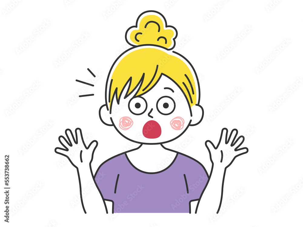 驚いてビックリする、髪を束ねた、白人女性のイラスト
