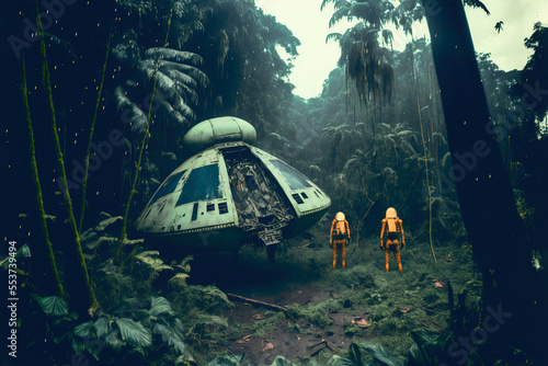 A UFO has crashed in the woods and two people in yellow suits are exploring their ship. Generative AI.