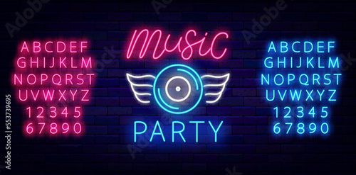 Music party neon emblem. Night club event. Disk with wings, Glowing blue and pink alphabet. Vector illustration