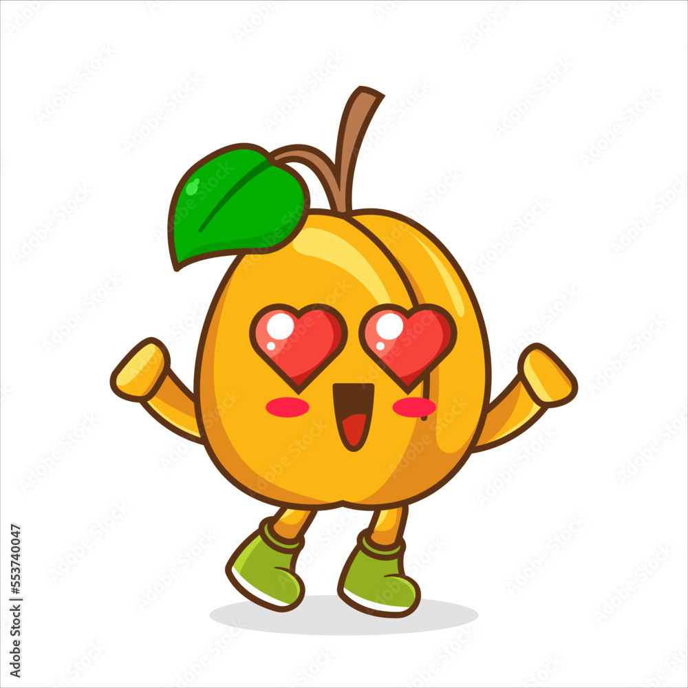 falling in love expression of a cute apricot with heart shaped eyes, In love apricot mascot cartoon style falling in love expression of a cute apricot with heart shaped eyes, In love apricot mascot cartoon style