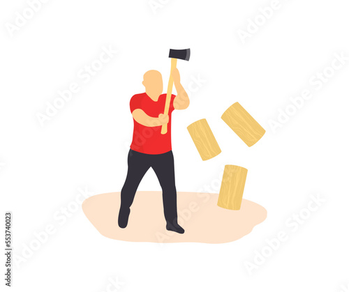 Man with axe chopping wood on a chopping block logo design. The concept of survival, recreation, country pastime vector design and illustration.

