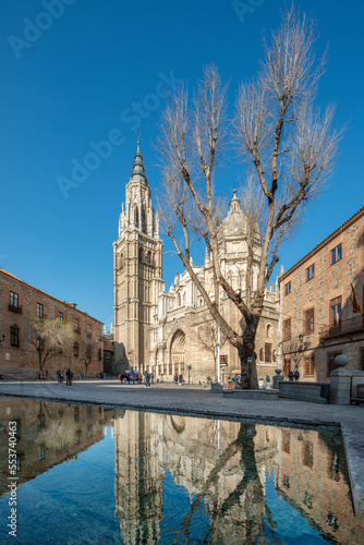 Facade of the cathedral of Toledo, Spain and a large tree with reflection in the water of a decorative fountain on a winter day with clear skies