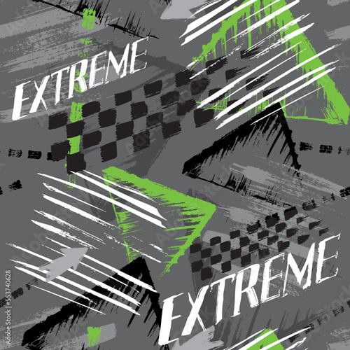 Seamless vector background pattern with elements of chess squares and stripes, speed, extreme and spots for boy. Grunge neon texture background.