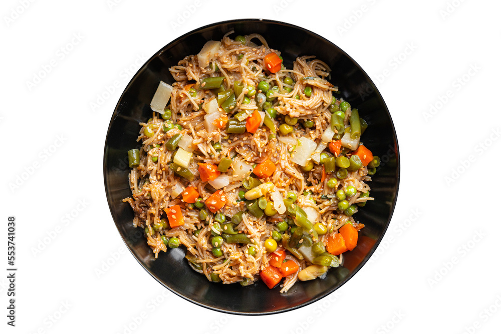 rice noodle vegetable mix green beans, carrots, bean, tonga beans, green peas veggie vegan food vegetarian asian food snack meal on the table copy space food background rustic top view