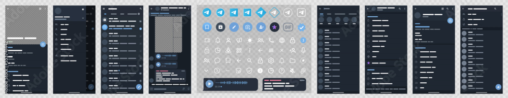 Telegram mockup. Set Telegram screen social media. Voice chat Telegram. Editorial vector. Telegram mockup. Set Telegram screen social media. Voice chat Telegram. Editorial vector.