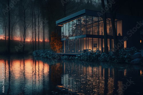 Secluded tiny house on the shore of a lake with fog in a coniferous forest in cold cloudy lighting with warm light from the Windows. Generative AI