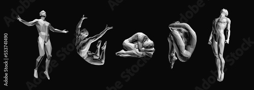 Models of polygonal people in different poses. Man lying curl up on a floor. Despair, depression, hopelessness or addiction concept. Freedom, leadership or development concept. 3D vector.