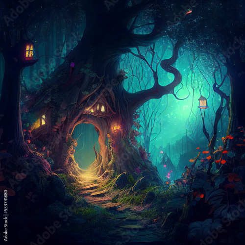 fairy tale fantasy forest at night illuminated with lamps
