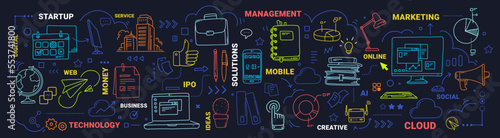 Vector business illustration of technology and service on dark color background. Flat line art design of neon color marketing object and word