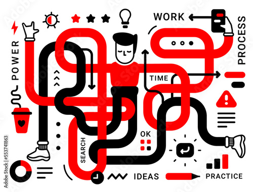 Vector business illustration of man with long hands and legs on white color background. Flat style design of office multitask manager with icon and word