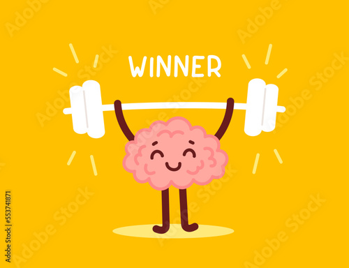 Vector education illustration of pink happy brain character lifted a barbell on yellow color background. Flat style design of smart healthy sport brain character with weight