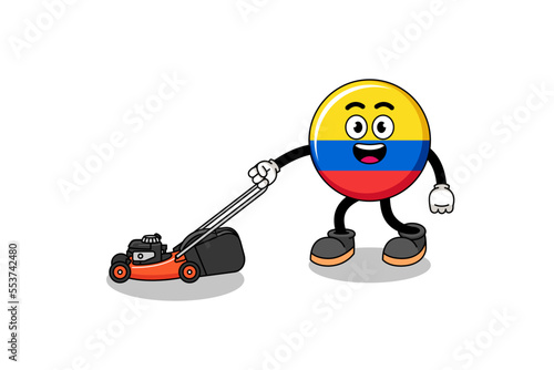 colombia flag illustration cartoon holding lawn mower