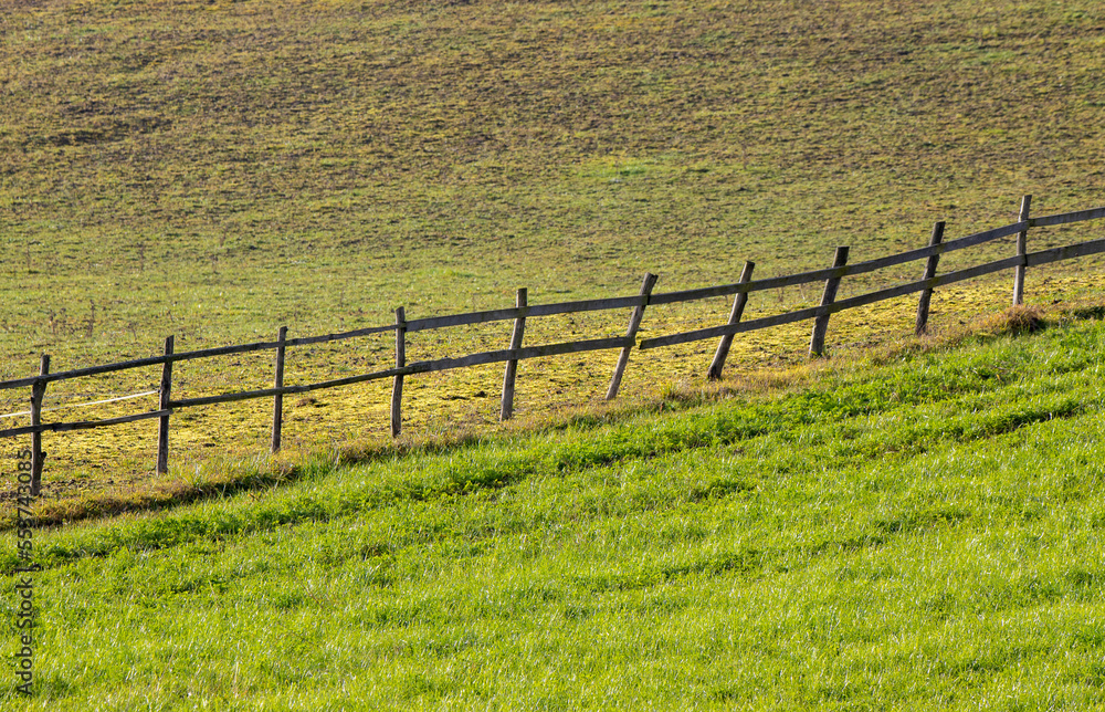a wooden fence on a field with green grass
