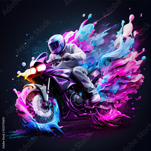 Abstract image of the Racer on a sports motorcycle. Multicolored background of splashes of paint. Generative AI photo