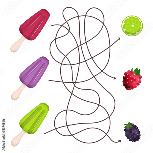 Children's puzzle - labyrinth. Find the object. Mexican ice cream Paletas with berries. Latin American summer dessert. Vector illustration. Cartoon.