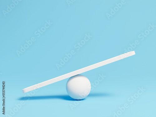 3D see saw balance isolated on blue background. The seesaw has a pivot point in the middle of the board. Business finance concept. Stability, equal, Scale, justice, compare, copy space, 3D Rendering.
